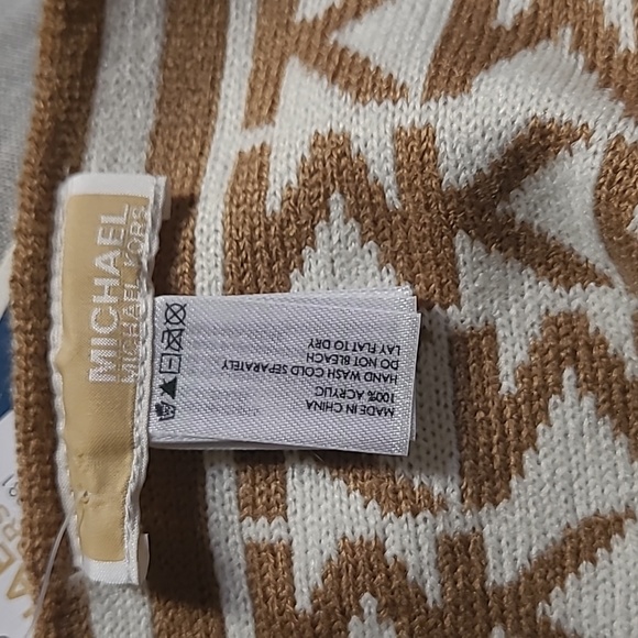 Michael Kors Bordered MK Logo Print Muffler Scarf, Camel/Cream - Picture 5 of 5